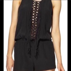 BCBG lattice fringe black silk romper Sz XS